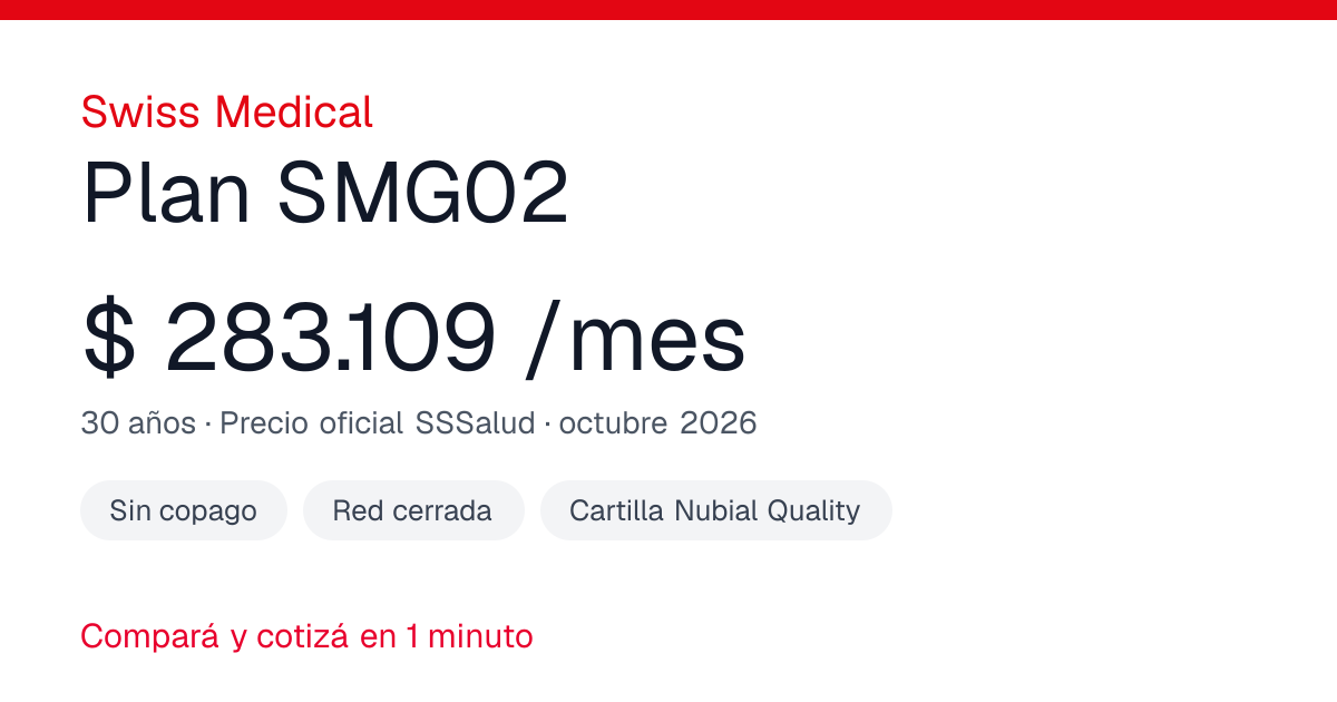 Precio del Plan SMG02 de Swiss Medical: $ 283.109 por mes a los 30 años (octubre 2026), sin copago